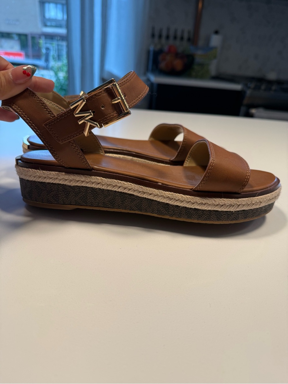 Michael Kors Brown Leather Espadrille Platform Sandal with Gold MK Buckle